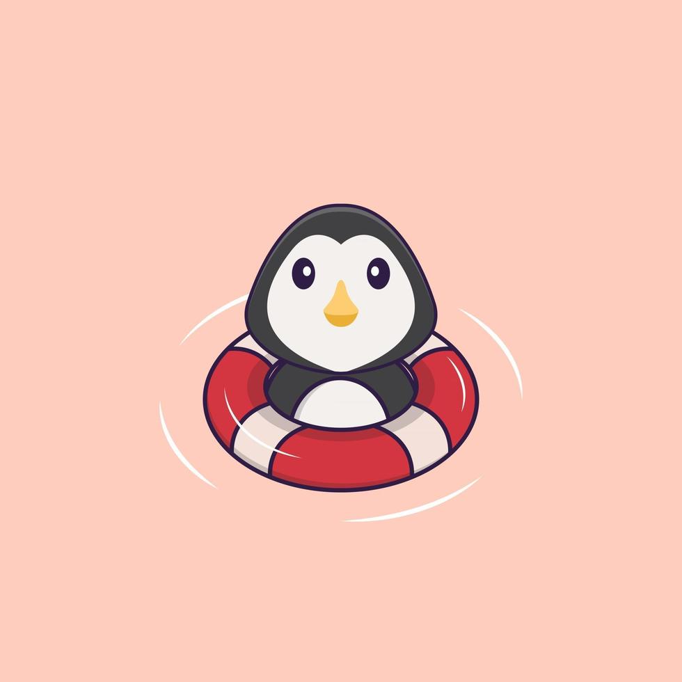 pinguim bonito está nadando com uma bóia. conceito de desenho animado animal isolado. pode ser usado para t-shirt, cartão de felicitações, cartão de convite ou mascote. estilo cartoon plana vetor