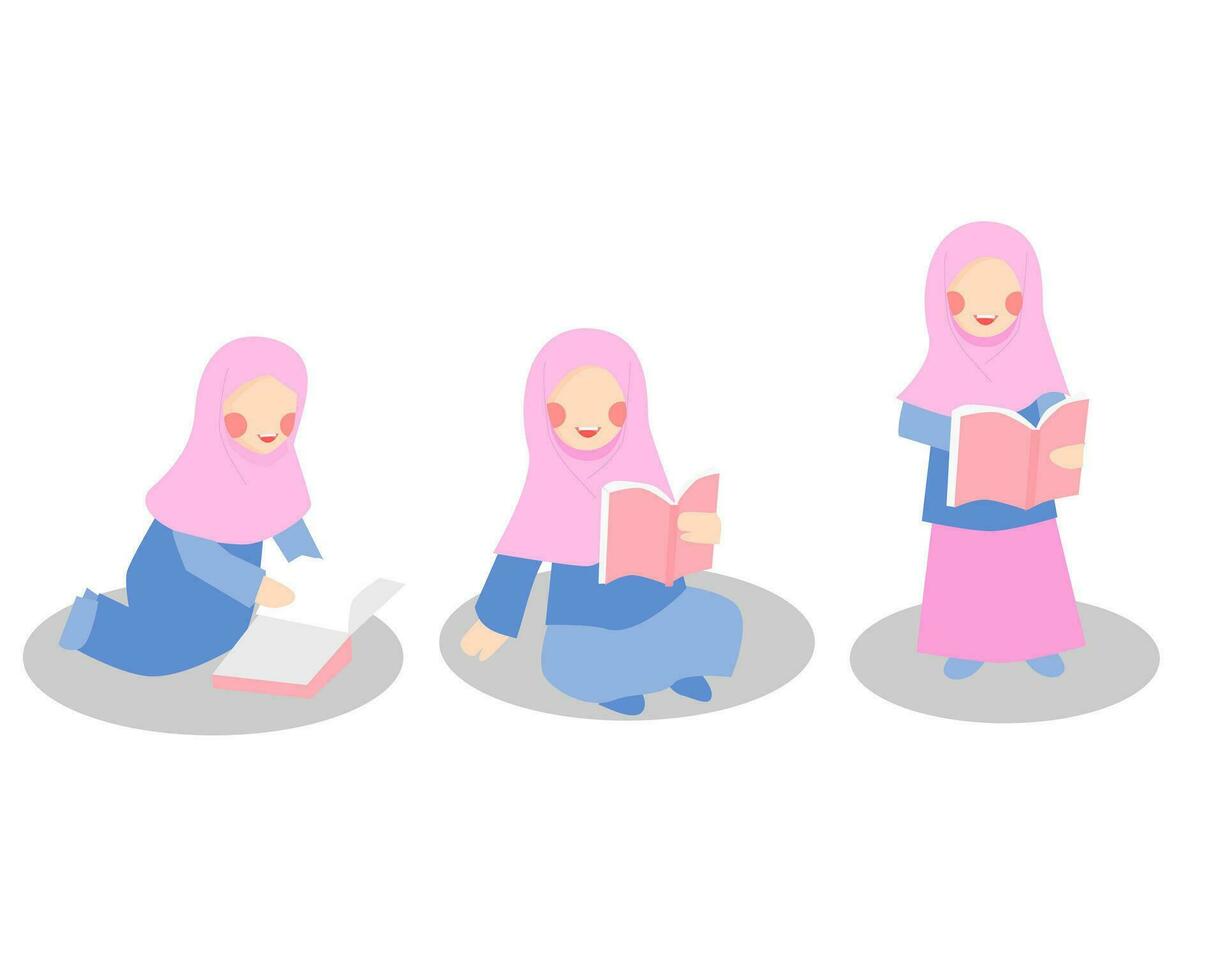 muçulmano menina ler uma livro ilustração vetor