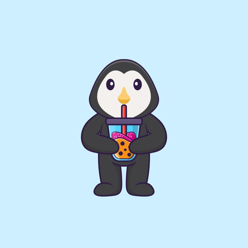 pinguim bonitinho bebendo chá com leite de boba. conceito de desenho animado animal isolado. pode ser usado para t-shirt, cartão de felicitações, cartão de convite ou mascote. estilo cartoon plana vetor