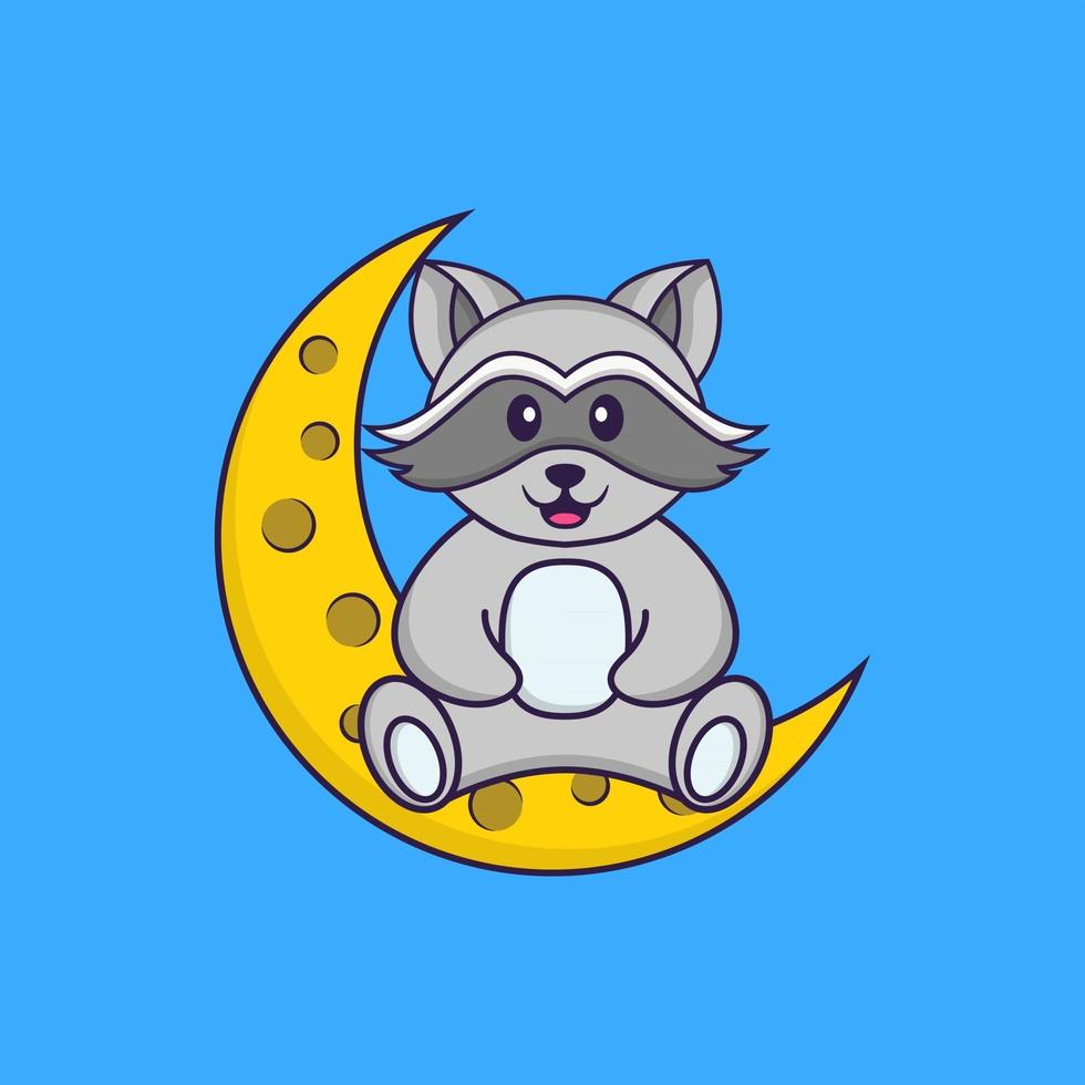 guaxinim bonito está sentado na lua. conceito de desenho animado animal isolado. pode ser usado para t-shirt, cartão de felicitações, cartão de convite ou mascote. estilo cartoon plana vetor