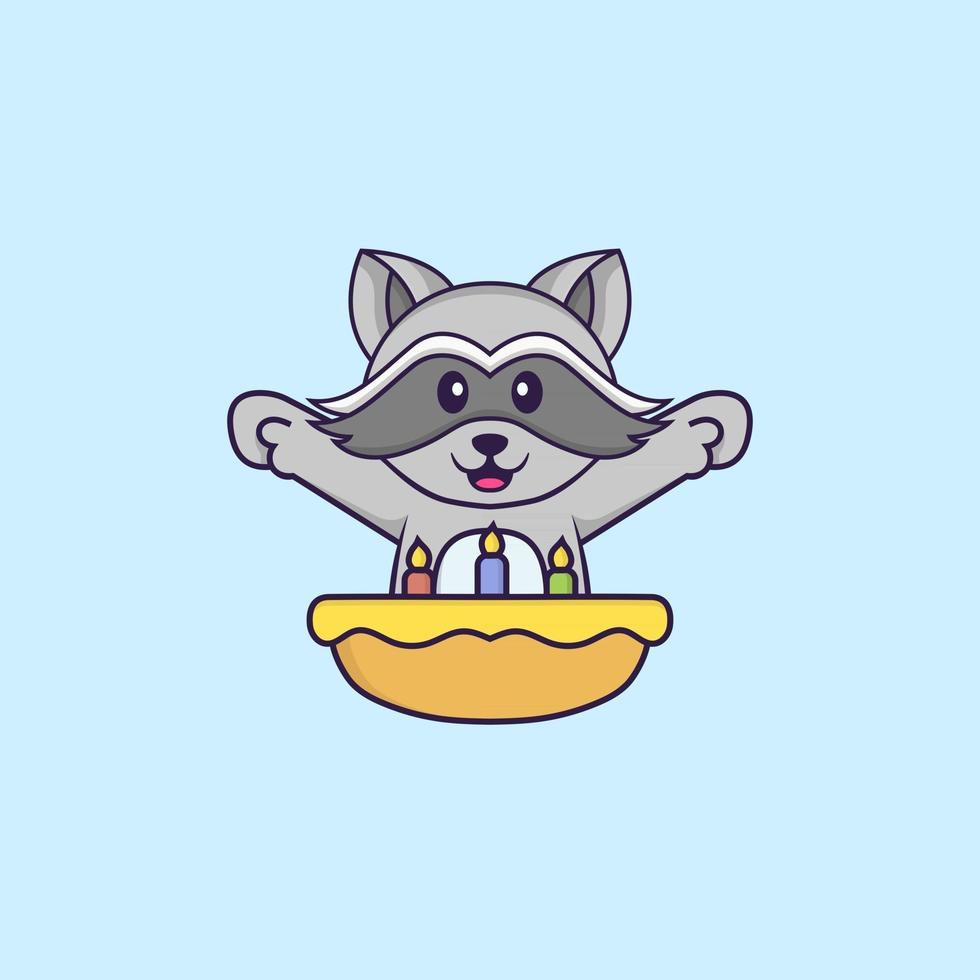 guaxinim fofo com bolo de aniversário. conceito de desenho animado animal isolado. pode ser usado para t-shirt, cartão de felicitações, cartão de convite ou mascote. estilo cartoon plana vetor