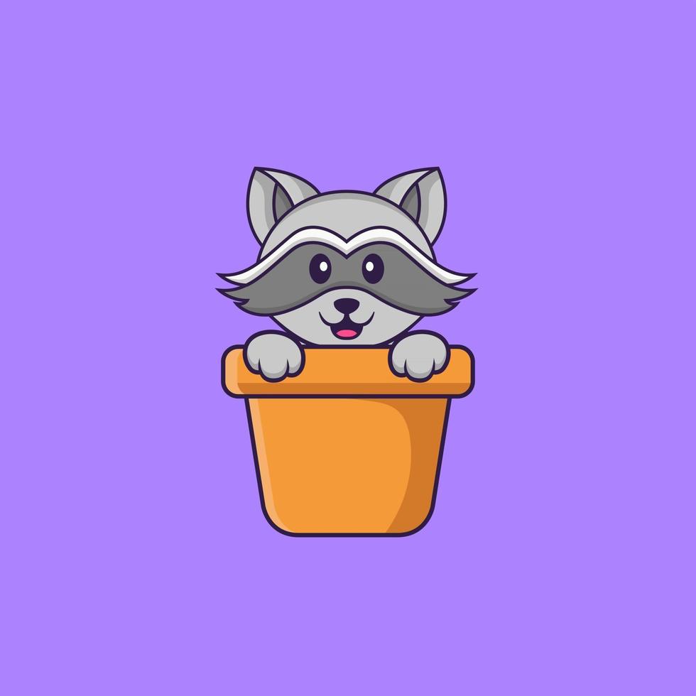 guaxinim bonito em um vaso de flores. conceito de desenho animado animal isolado. pode ser usado para t-shirt, cartão de felicitações, cartão de convite ou mascote. estilo cartoon plana vetor