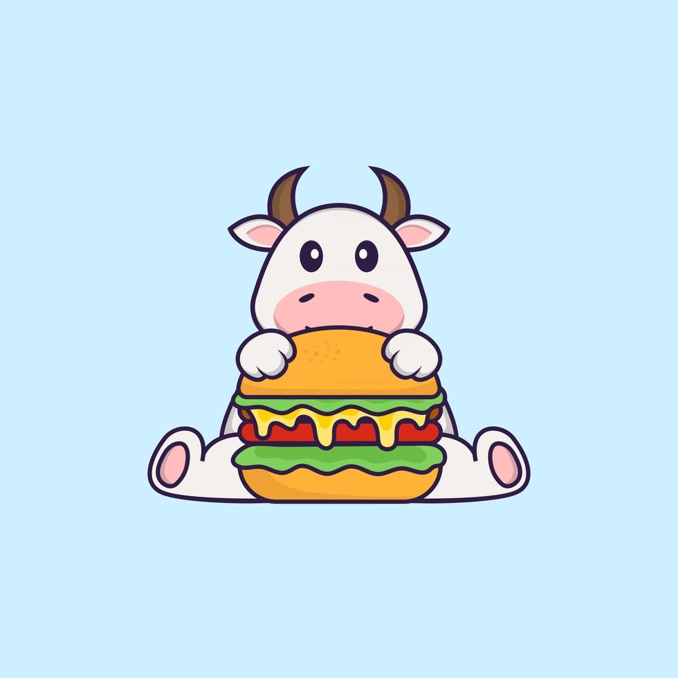 vaca fofa comendo hambúrguer. conceito de desenho animado animal isolado. pode ser usado para t-shirt, cartão de felicitações, cartão de convite ou mascote. estilo cartoon plana vetor