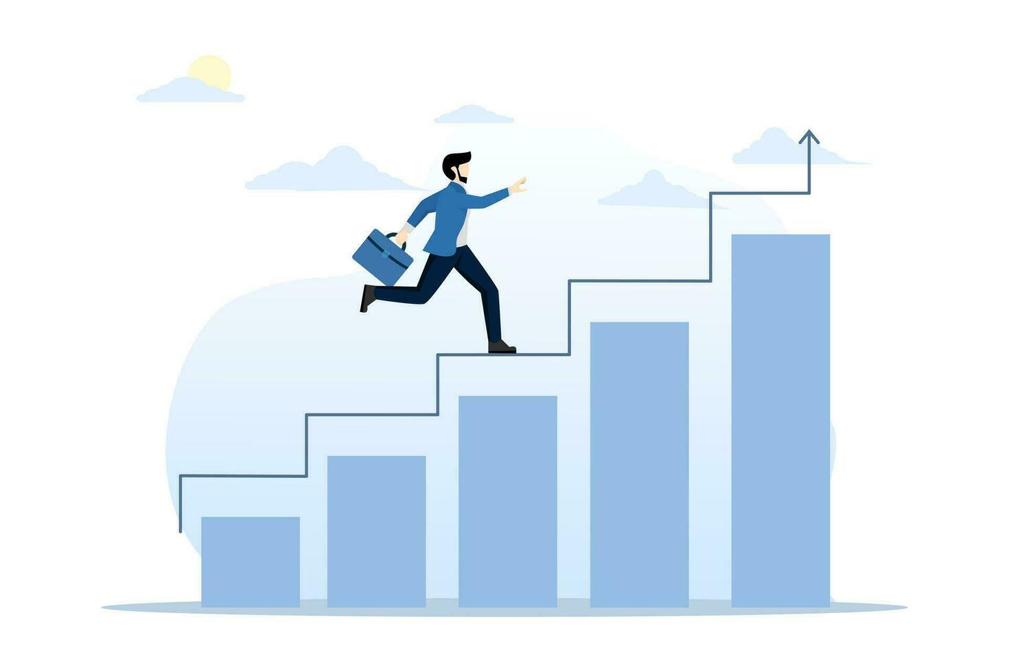 conceito do progresso ou aumentando sucesso, passos frente para desenvolve uma negócios, viagem para alcançar uma meta, carreira caminho, de empresário escalada crescimento gráfico e gráfico com escadas para sucesso. vetor