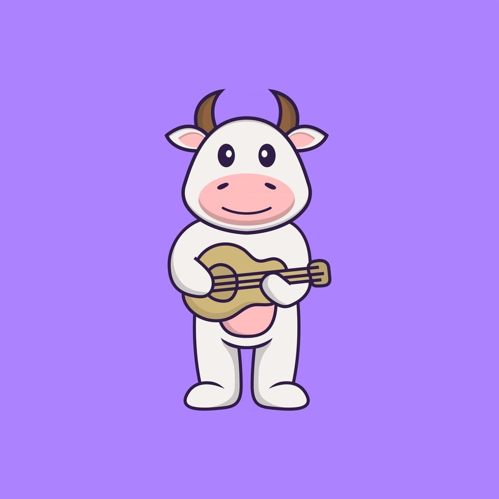 vaca bonita tocando violão. conceito de desenho animado animal isolado. pode ser usado para t-shirt, cartão de felicitações, cartão de convite ou mascote. estilo cartoon plana vetor