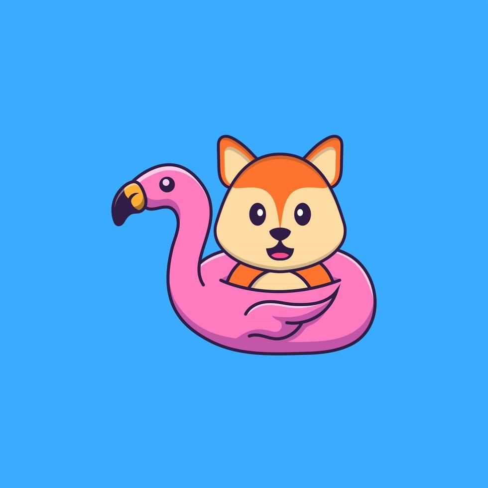 raposa bonita com bóia de flamingo. conceito de desenho animado animal isolado. pode ser usado para t-shirt, cartão de felicitações, cartão de convite ou mascote. estilo cartoon plana vetor