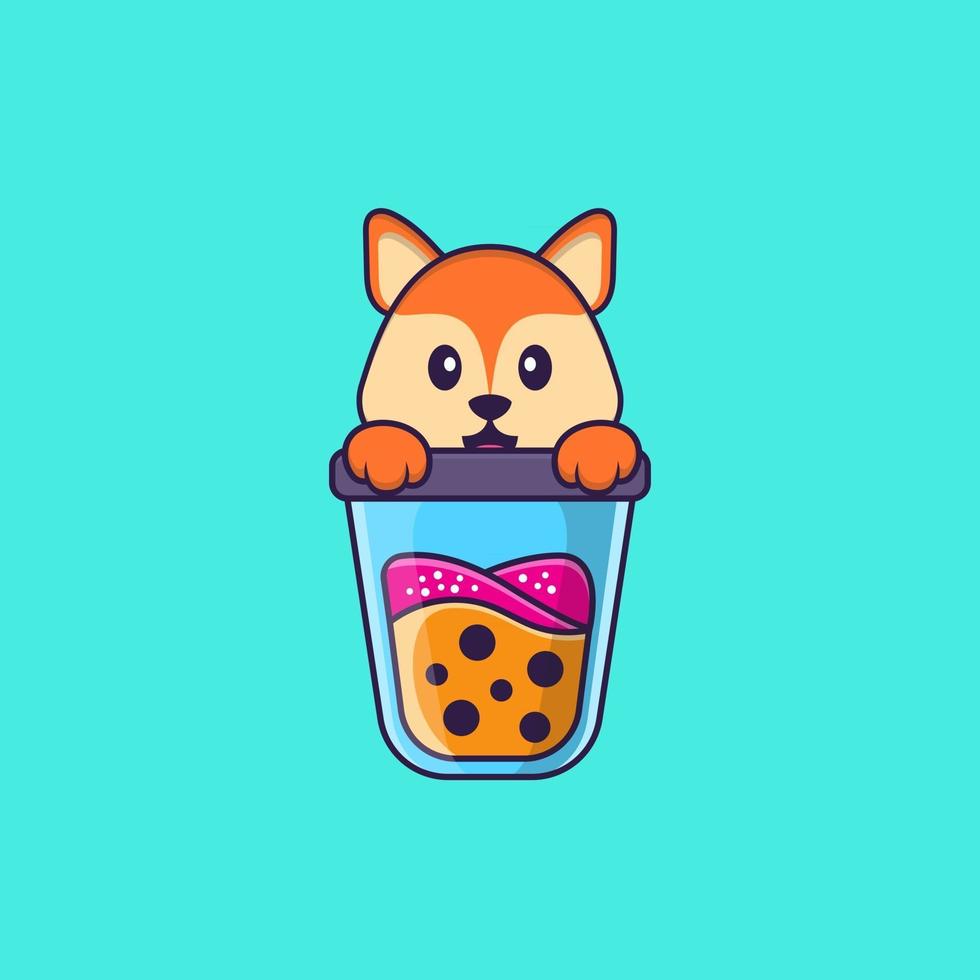linda raposa bebendo chá com leite de boba. conceito de desenho animado animal isolado. pode ser usado para t-shirt, cartão de felicitações, cartão de convite ou mascote. estilo cartoon plana vetor