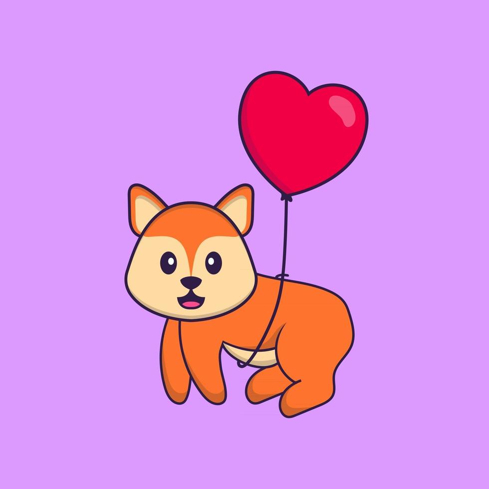 linda raposa voando com balões em forma de amor. conceito de desenho animado animal isolado. pode ser usado para t-shirt, cartão de felicitações, cartão de convite ou mascote. estilo cartoon plana vetor