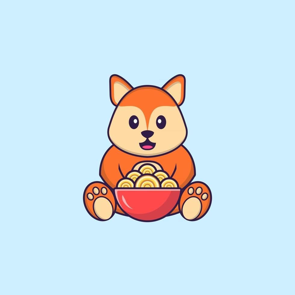 raposa bonita comendo macarrão ramen. conceito de desenho animado animal isolado. pode ser usado para t-shirt, cartão de felicitações, cartão de convite ou mascote. estilo cartoon plana vetor