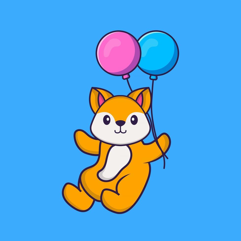 raposa bonita voando com dois balões. conceito de desenho animado animal isolado. pode ser usado para t-shirt, cartão de felicitações, cartão de convite ou mascote. estilo cartoon plana vetor