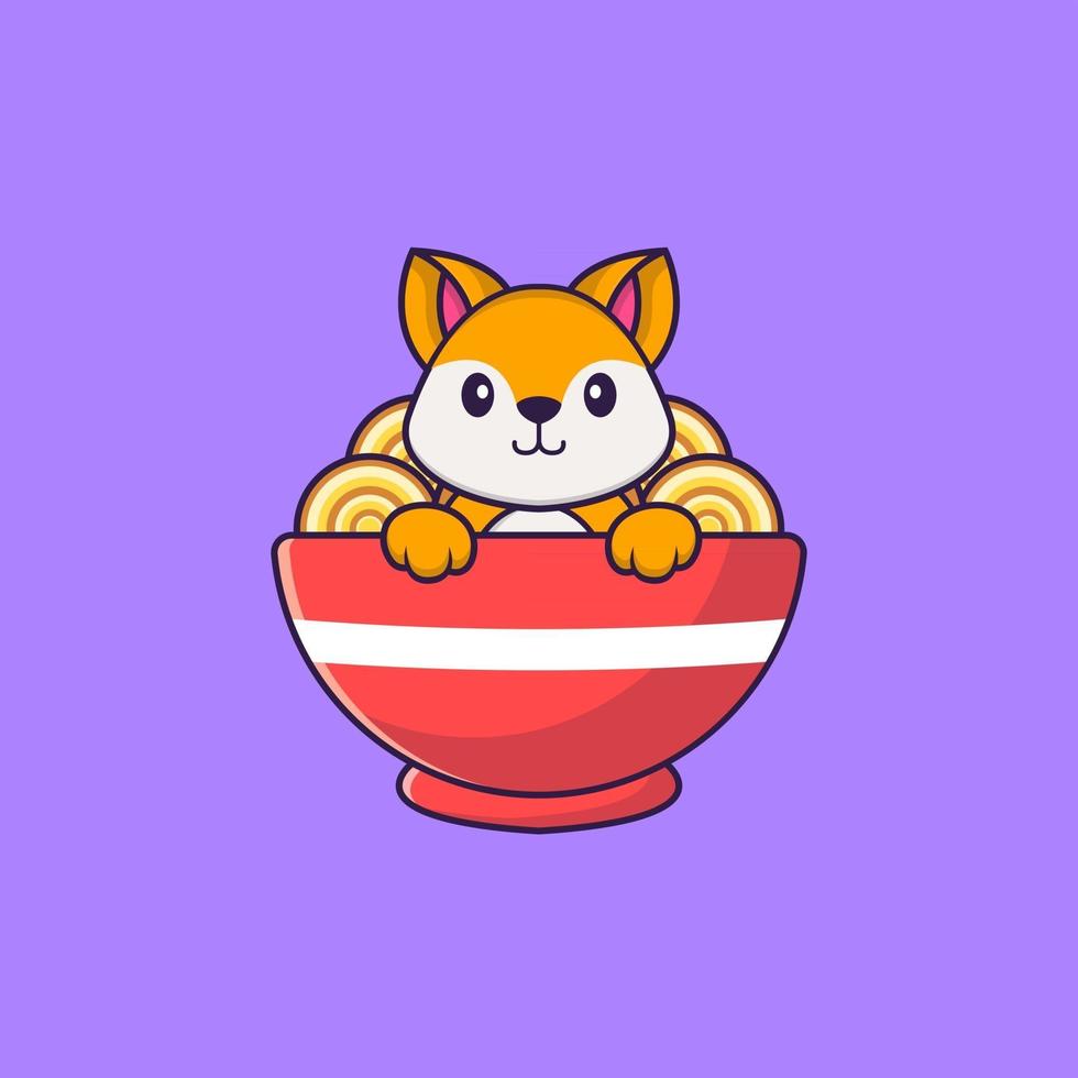 raposa bonita comendo macarrão ramen. conceito de desenho animado animal isolado. pode ser usado para t-shirt, cartão de felicitações, cartão de convite ou mascote. estilo cartoon plana vetor