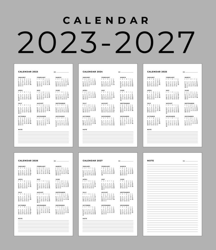 moderno por mês calendário e Nota para 2023, 2024, 2025, 2026, a semana começa em Domingo, vetor