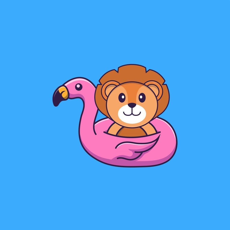 leão bonito com bóia de flamingo. conceito de desenho animado animal isolado. pode ser usado para t-shirt, cartão de felicitações, cartão de convite ou mascote. estilo cartoon plana vetor