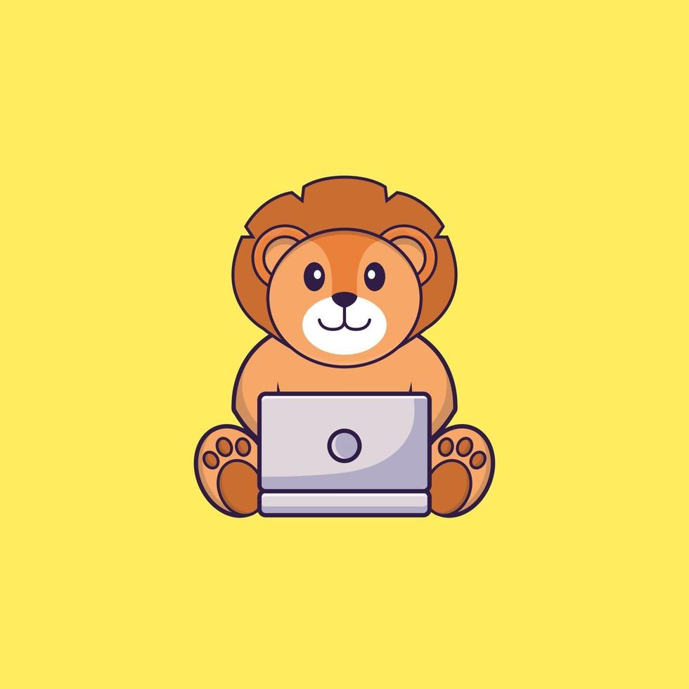 leão bonito usando laptop. conceito de desenho animado animal isolado. pode ser usado para t-shirt, cartão de felicitações, cartão de convite ou mascote. estilo cartoon plana vetor