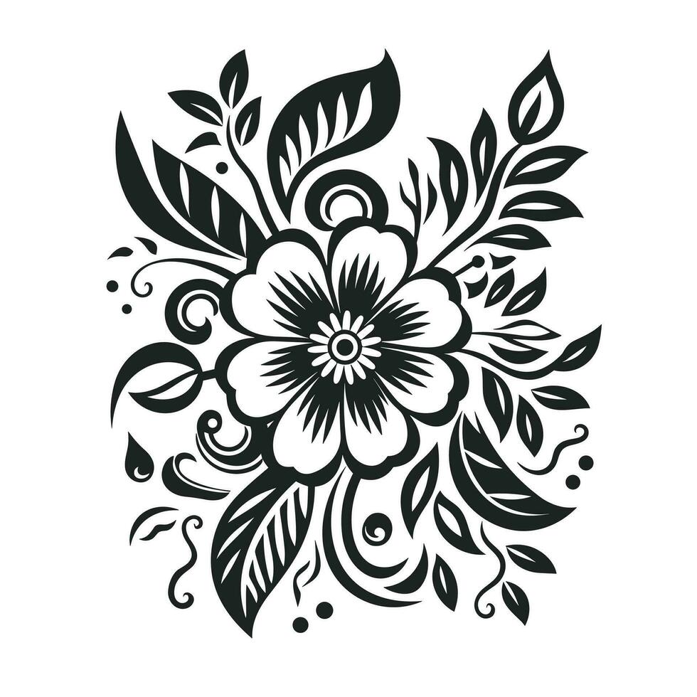 lindo flor com folhas e redemoinhos dentro uma simples vetor estilo. Preto e branco elegante floral padronizar para casa decoração, vestuário, talheres.