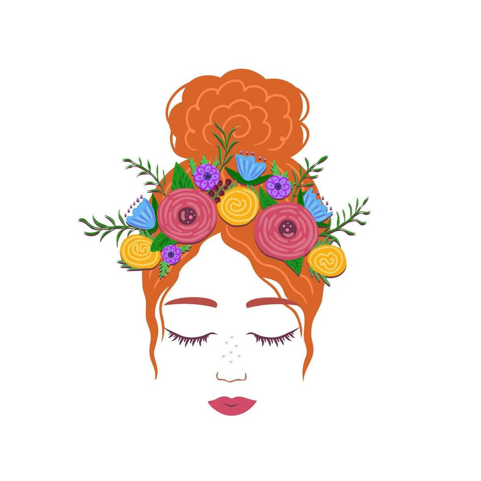 mulher com fechar olhos, menina com flor guirlanda. ilustração para fundos e embalagem. imagem pode estar usava para cumprimento cartões, cartazes, adesivos e têxtil. isolado em branco fundo. vetor