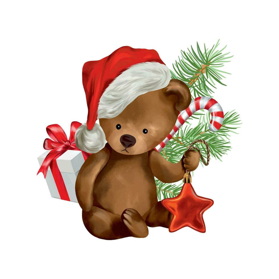 uma Urso de pelúcia Urso dentro uma santa chapéu com uma Estrela dentro dele mãos, uma presente, uma abeto ramo. vetor ilustração para Novo ano composição. cumprimento cartões, Natal convites, temático bandeiras, panfletos.