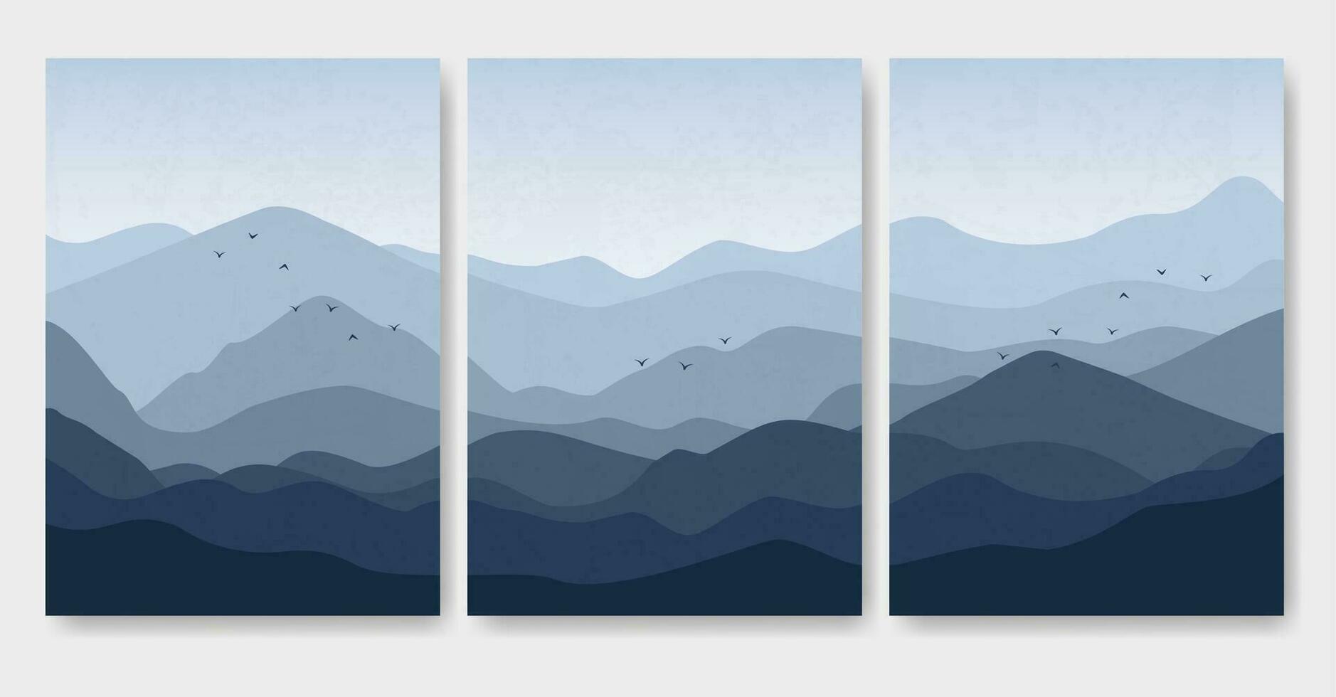 estético minimalista azul montanhas com vôo pássaros panorama cartazes. japonês panorama ilustração vetor
