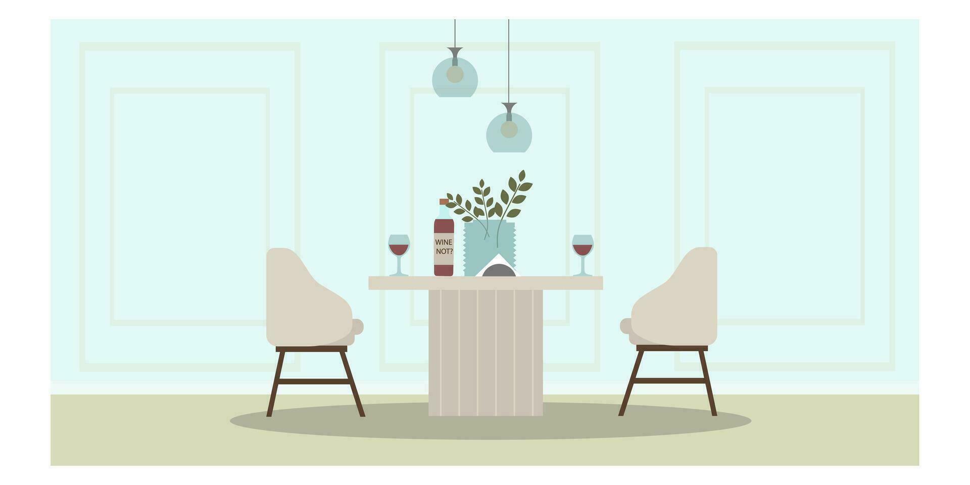 moderno cafeteria interior não pessoas. mesa para encontro com vinho e dois óculos. dois acolhedor poltronas, mesa e vinho óculos. plano estilo. casa interior conceito. vetor ilustração