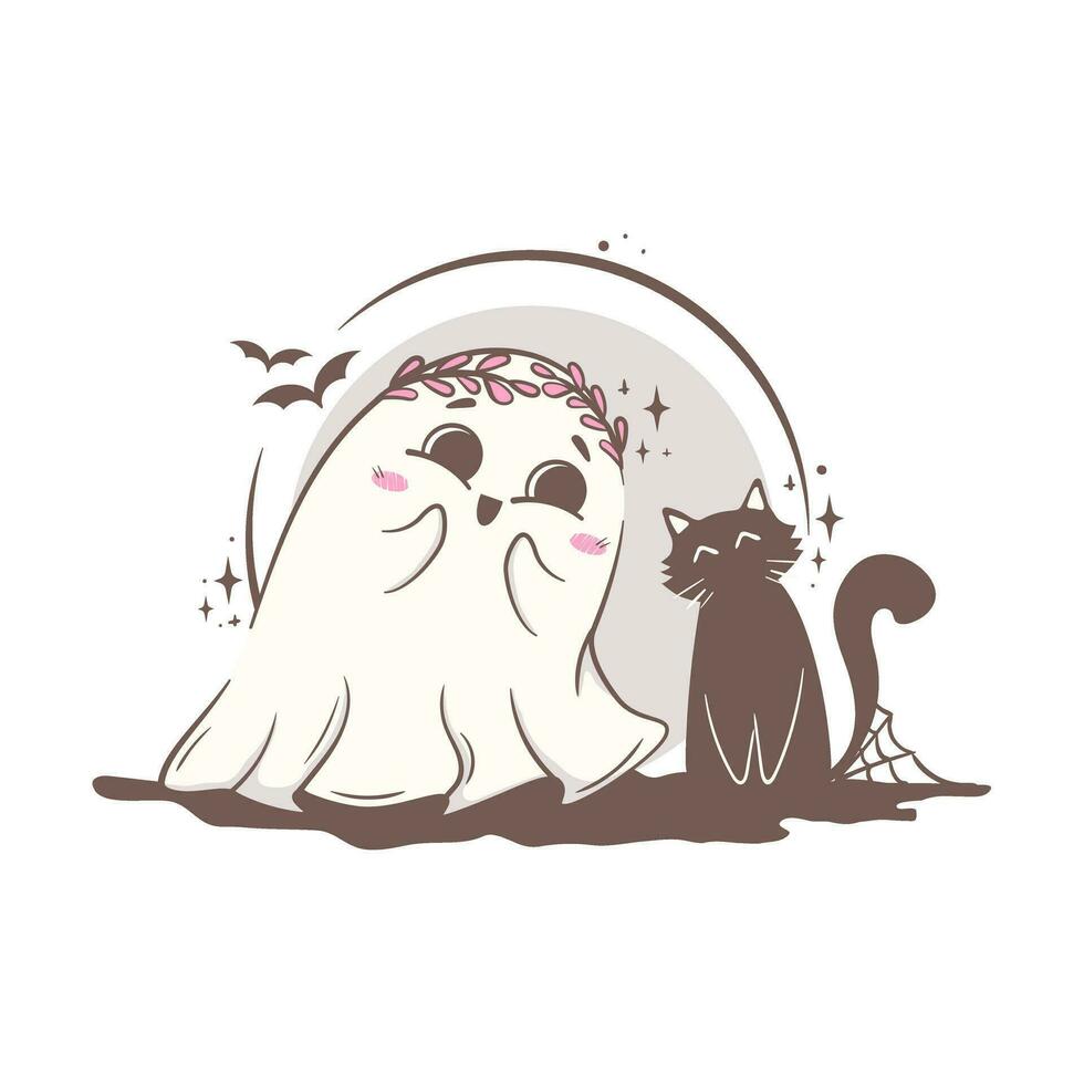 fofa desenho animado fantasma é tocou de uma gato próximo. dia das Bruxas personagem vetor ilustração.