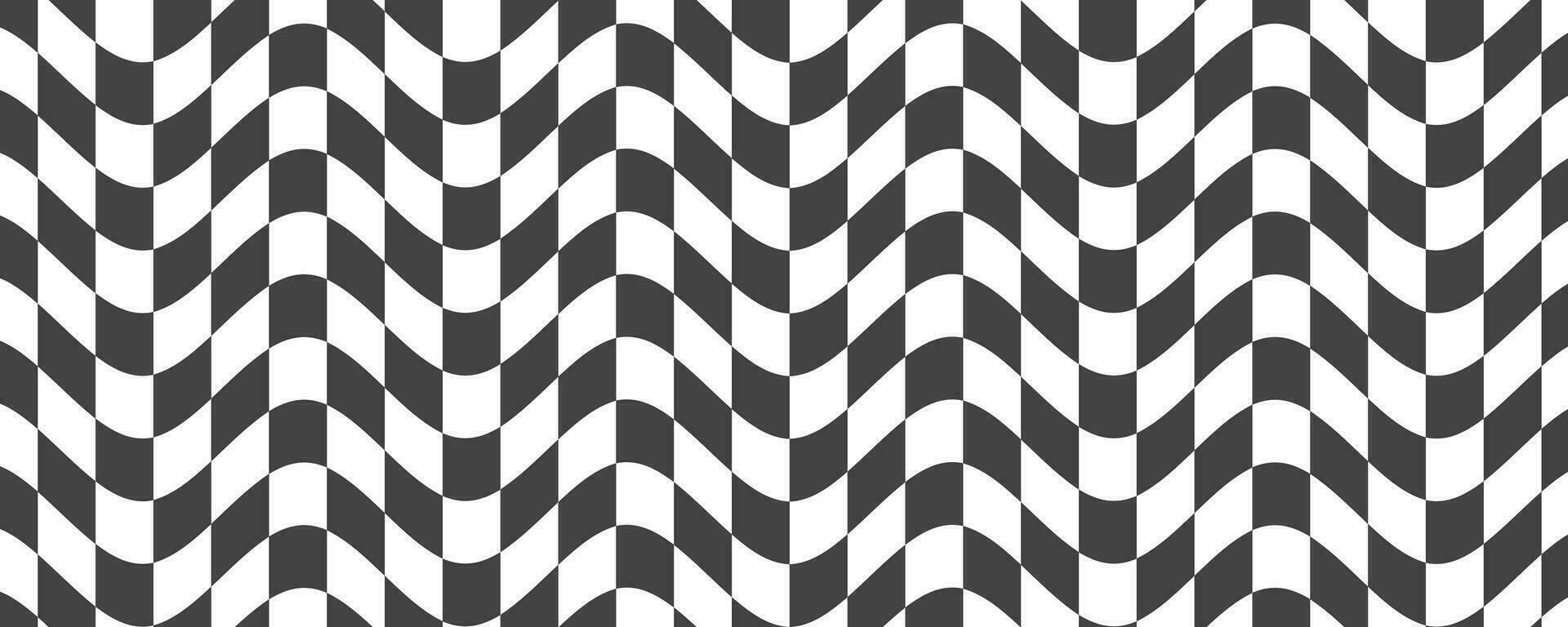 tabuleiro de damas ondulado padronizar. abstrato xadrez quadrado imprimir. Preto e branco psicodélico ótico ilusão. deformado bandeira com geométrico gráfico. ano 2000 Projeto para bandeira vetor