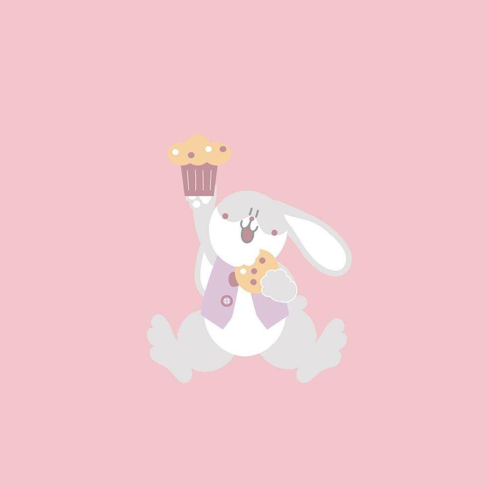 feliz Páscoa festival com animal animal Coelho coelho, Bolinho e biscoito, pastel cor, plano vetor ilustração desenho animado personagem