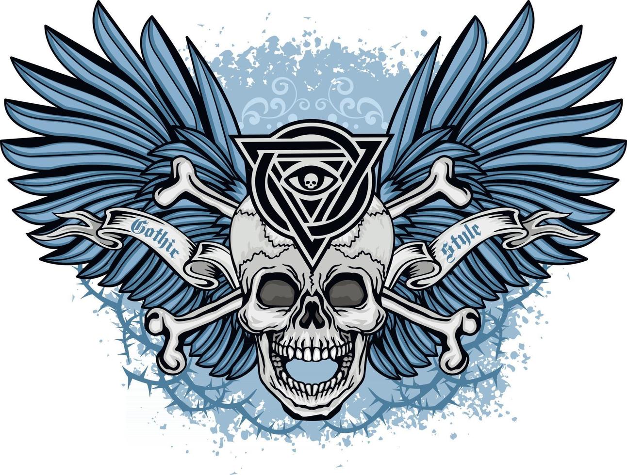letreiro gótico com caveira e asas azuis, camisetas com design vintage do grunge vetor