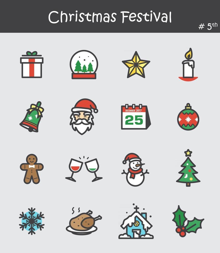 conjunto de ícones do festival de Natal 5. design de cor lisa. vetor
