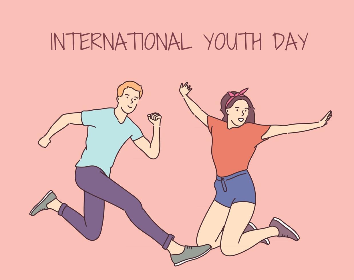 dia internacional da juventude. 12 de agosto. feliz menino e menina pulando juntos e se divertindo. vetor