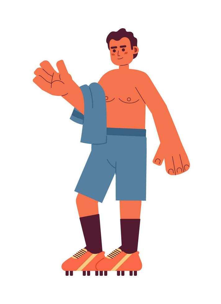 latim desportista sem camisa semi plano cor vetor personagem. homem dentro futebol botas. relaxante. editável cheio corpo pessoa em branco. simples desenho animado local ilustração para rede gráfico Projeto