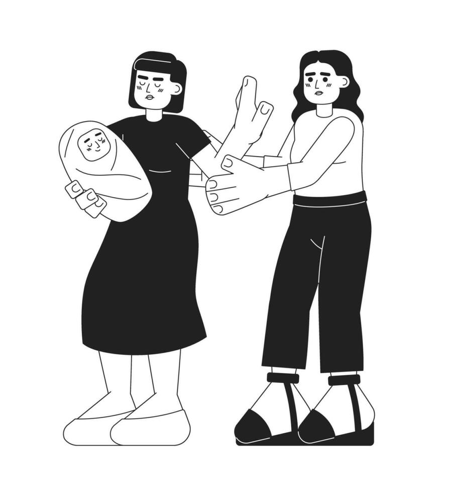 ásia mulher com bebê Pare desconhecido monocromático plano vetor personagem. Faz não toque recém-nascido. editável fino linha cheio corpo pessoa em branco. simples bw desenho animado local imagem para rede gráfico Projeto