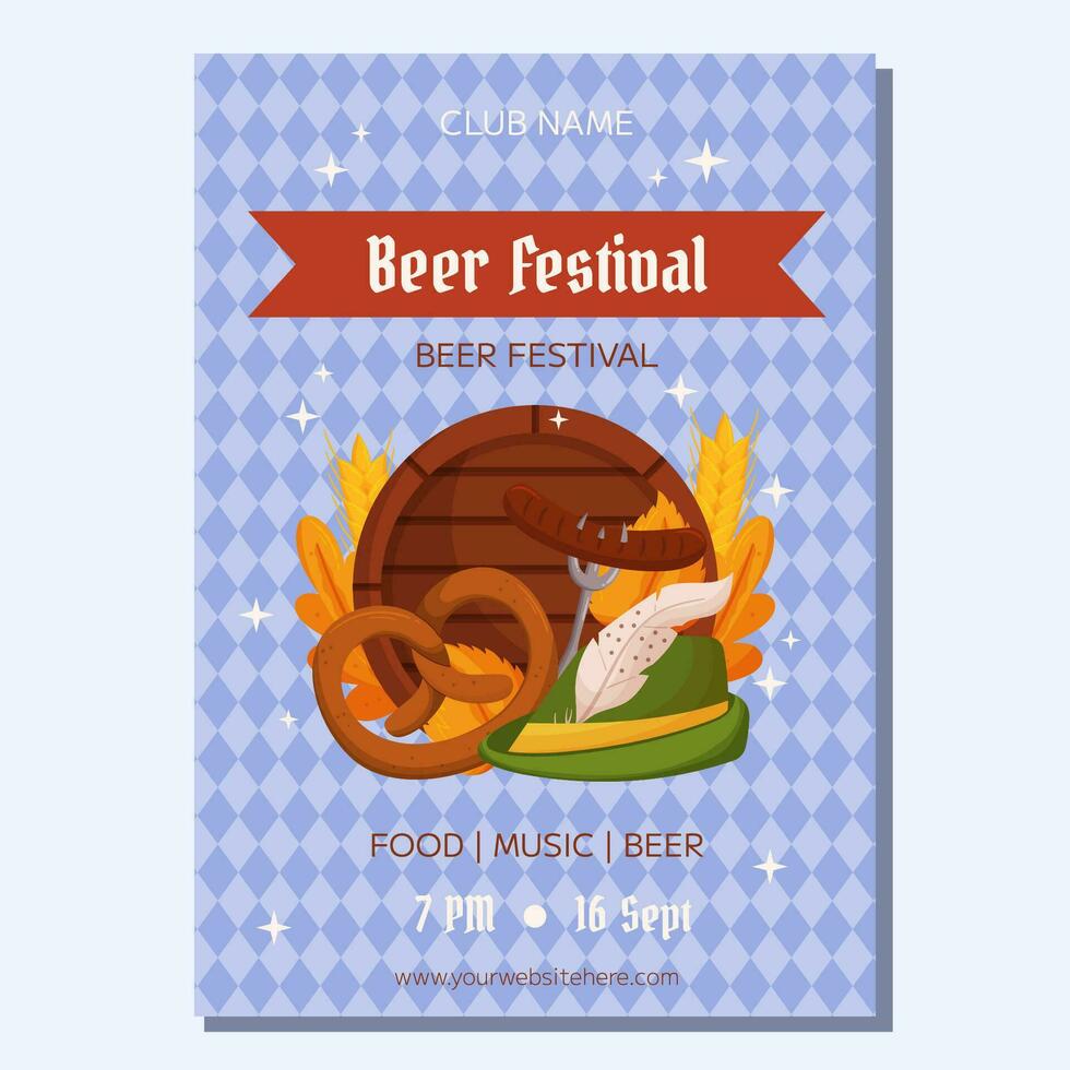 Cerveja festival poster modelo. Projeto com tirolês chapéu, garfo com grelhado salsicha, pretzel, de madeira barril, trigo e folhas. luz azul losango padronizar vetor