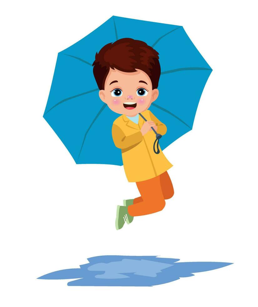 fofa Garoto vestindo uma capa de chuva segurando a guarda-chuva vetor
