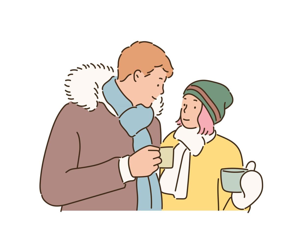 casal no estilo de moda de inverno, segurando uma bebida quente nas mãos. mão desenhada estilo ilustrações vetoriais. vetor