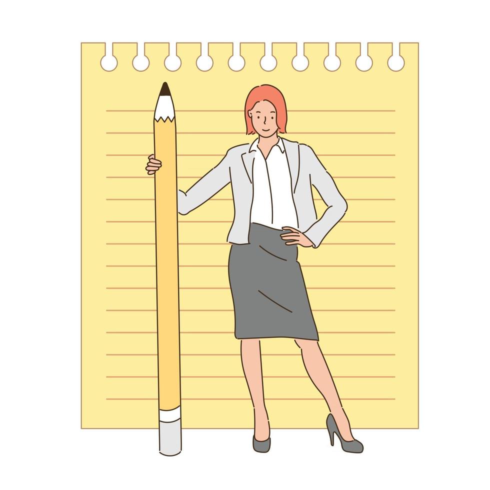 uma mulher está de pé com um grande lápis. mão desenhada estilo ilustrações vetoriais. vetor