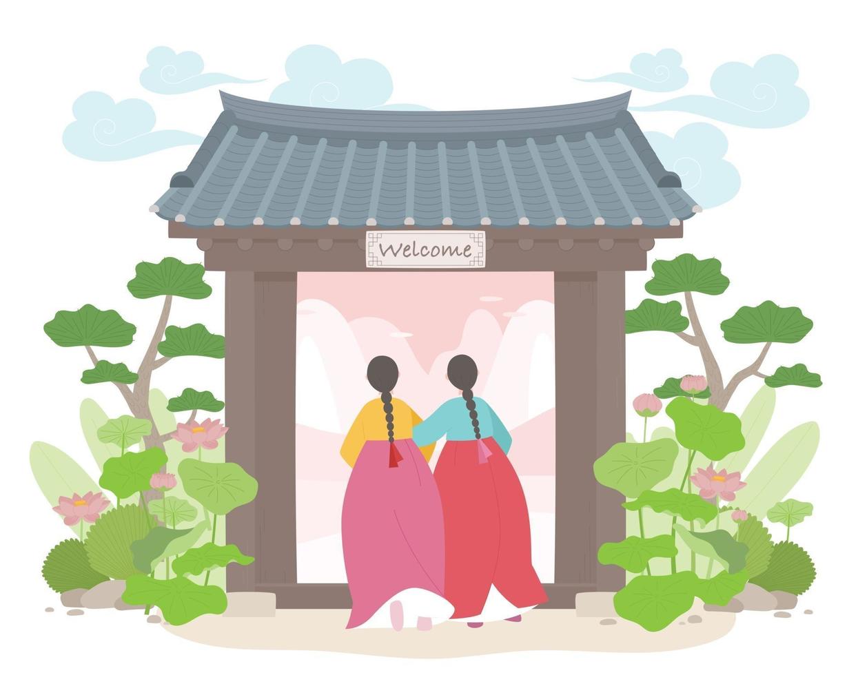 duas garotas em trajes tradicionais coreanos entram pelo portão tradicional coreano. vetor
