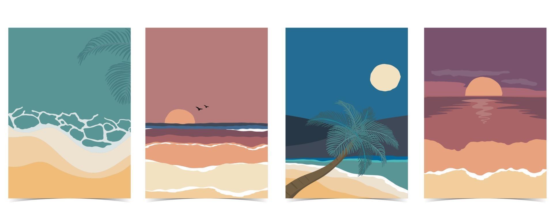 cartão postal de praia com sol, mar e céu à noite vetor
