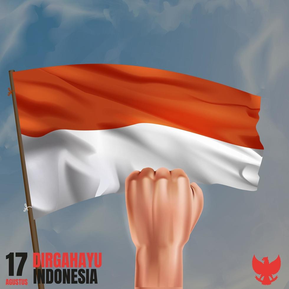 bandeira da Indonésia realista com o punho no ar para o dia da independência da Indonésia vetor