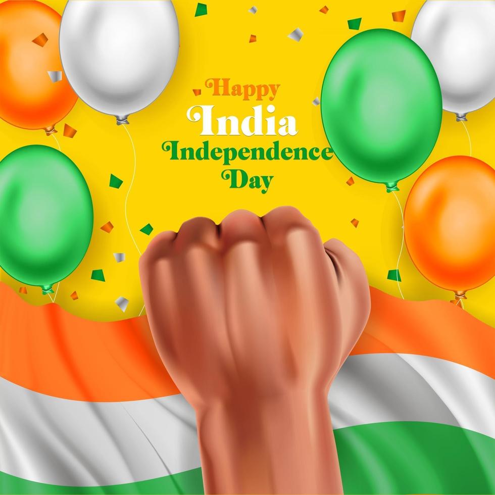 dia da independência da Índia com bandeira, balão e punho vetor