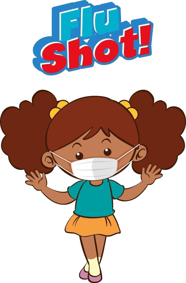 Fonte da vacina contra gripe em estilo cartoon com uma garota usando máscara isolada vetor