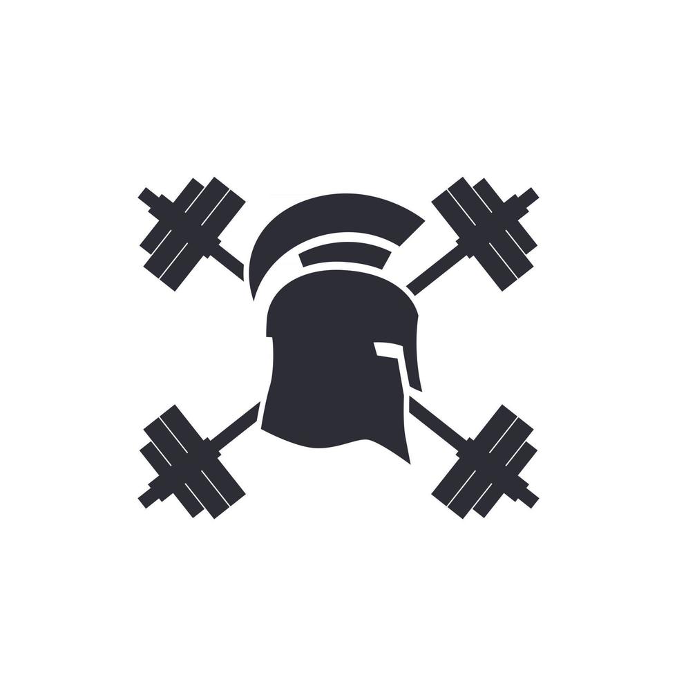 logotipo da academia, emblema vetorial, capacete espartano e halteres vetor