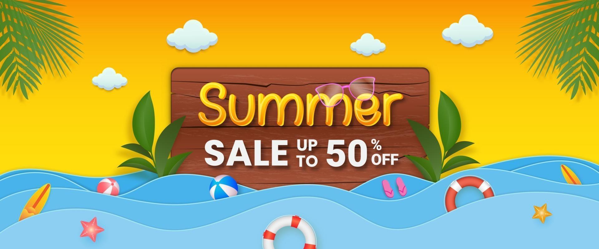 modelo de banner de promoção de venda de verão com madeira e folhas tropicais vetor