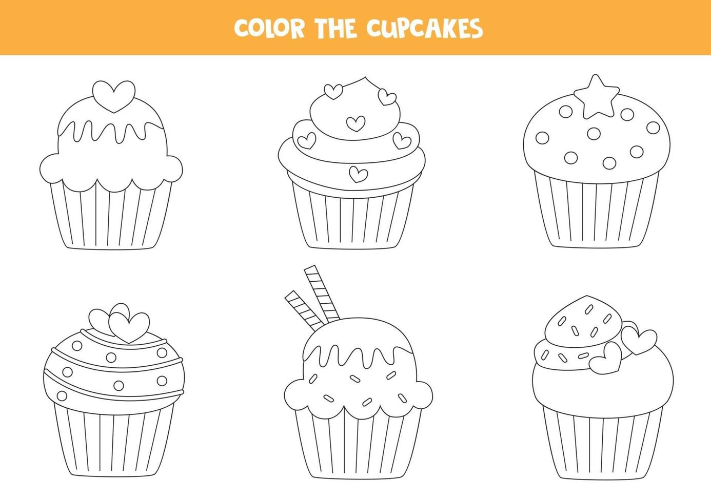 conjunto de cores de cupcakes fofos. página para colorir para crianças. vetor