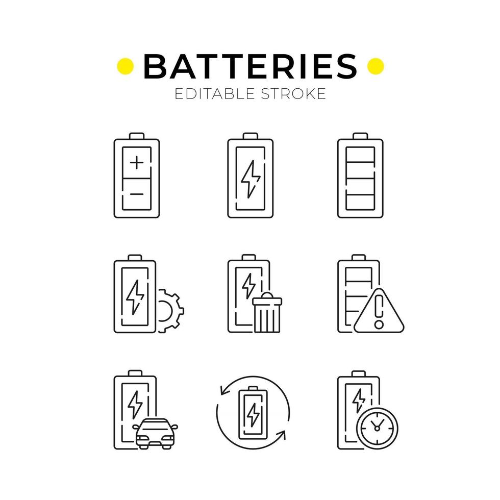 conjunto de ícones lineares de baterias vetor