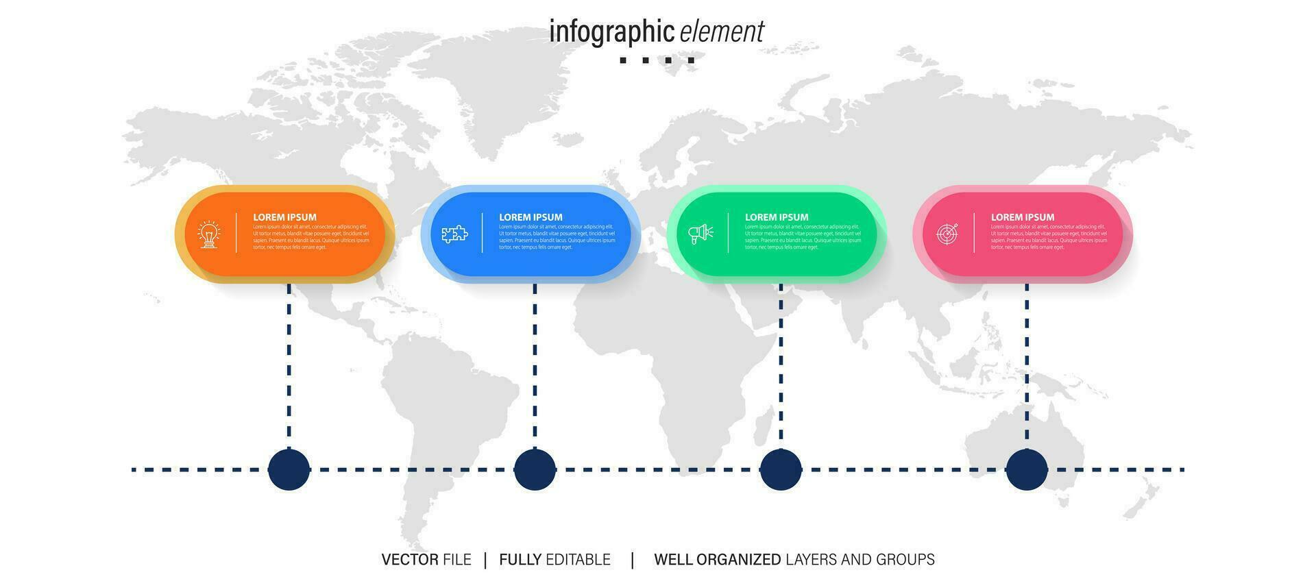 Linha do tempo infográfico com infográfico. moderno apresentação modelo com 4 spets para o negócio processo. local na rede Internet modelo em branco fundo para conceito moderno Projeto. horizontal layout. vetor