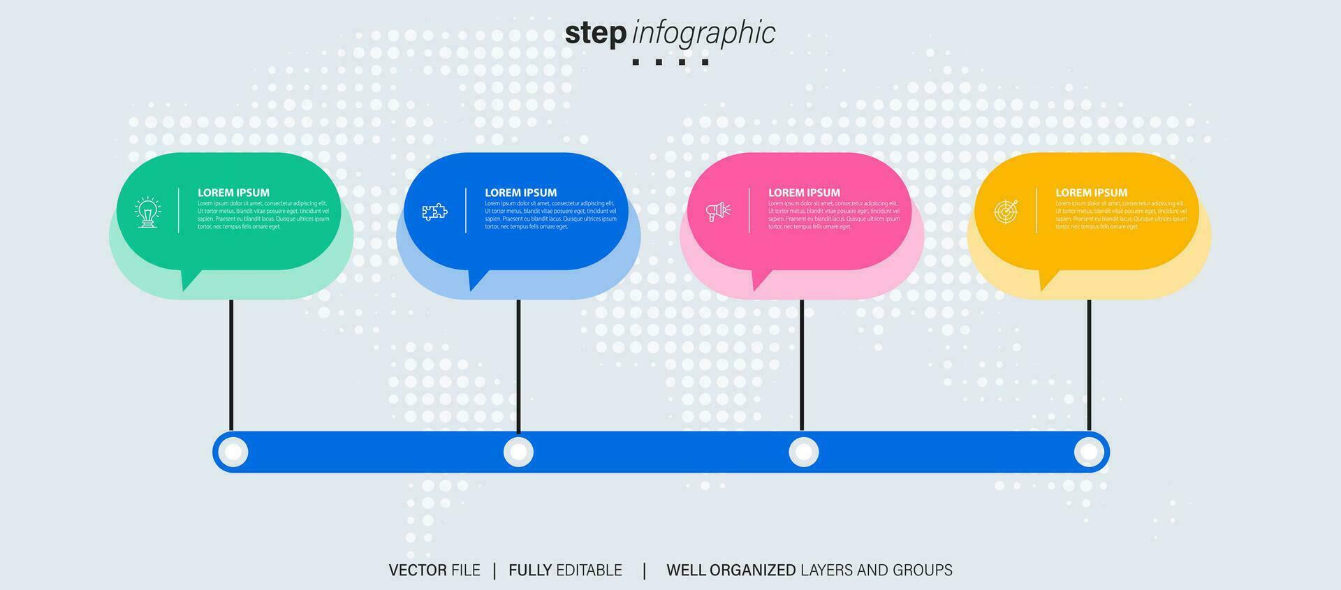 Linha do tempo infográfico com infográfico. moderno apresentação modelo com 4 spets para o negócio processo. local na rede Internet modelo em branco fundo para conceito moderno Projeto. horizontal layout. vetor