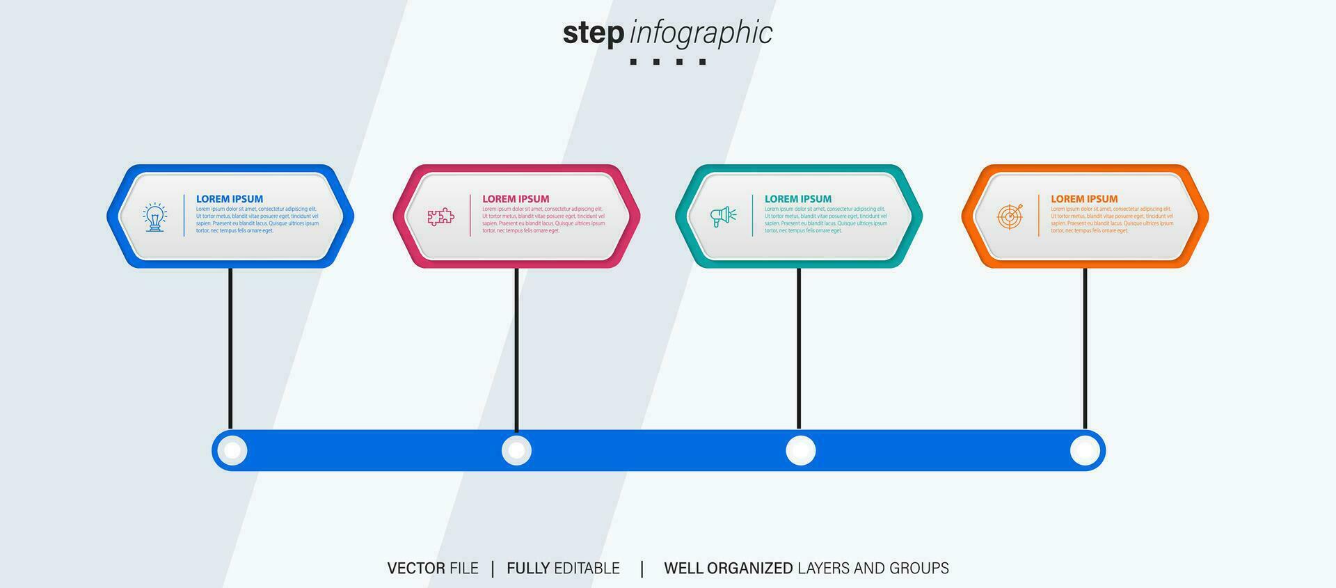 Linha do tempo infográfico com infográfico. moderno apresentação modelo com 4 spets para o negócio processo. local na rede Internet modelo em branco fundo para conceito moderno Projeto. horizontal layout. vetor