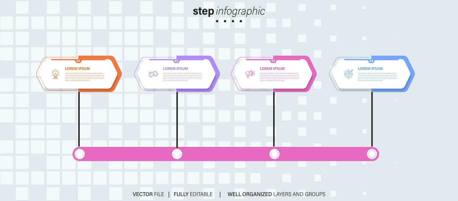 Linha do tempo infográfico com infográfico. moderno apresentação modelo com 4 spets para o negócio processo. local na rede Internet modelo em branco fundo para conceito moderno Projeto. horizontal layout. vetor