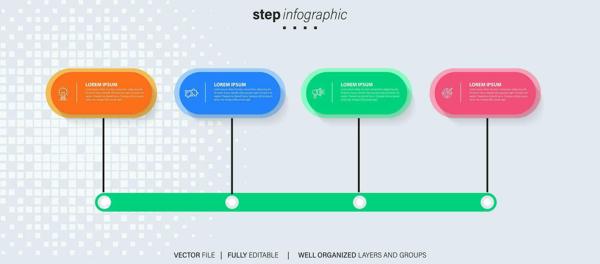 Linha do tempo infográfico com infográfico. moderno apresentação modelo com 4 spets para o negócio processo. local na rede Internet modelo em branco fundo para conceito moderno Projeto. horizontal layout. vetor