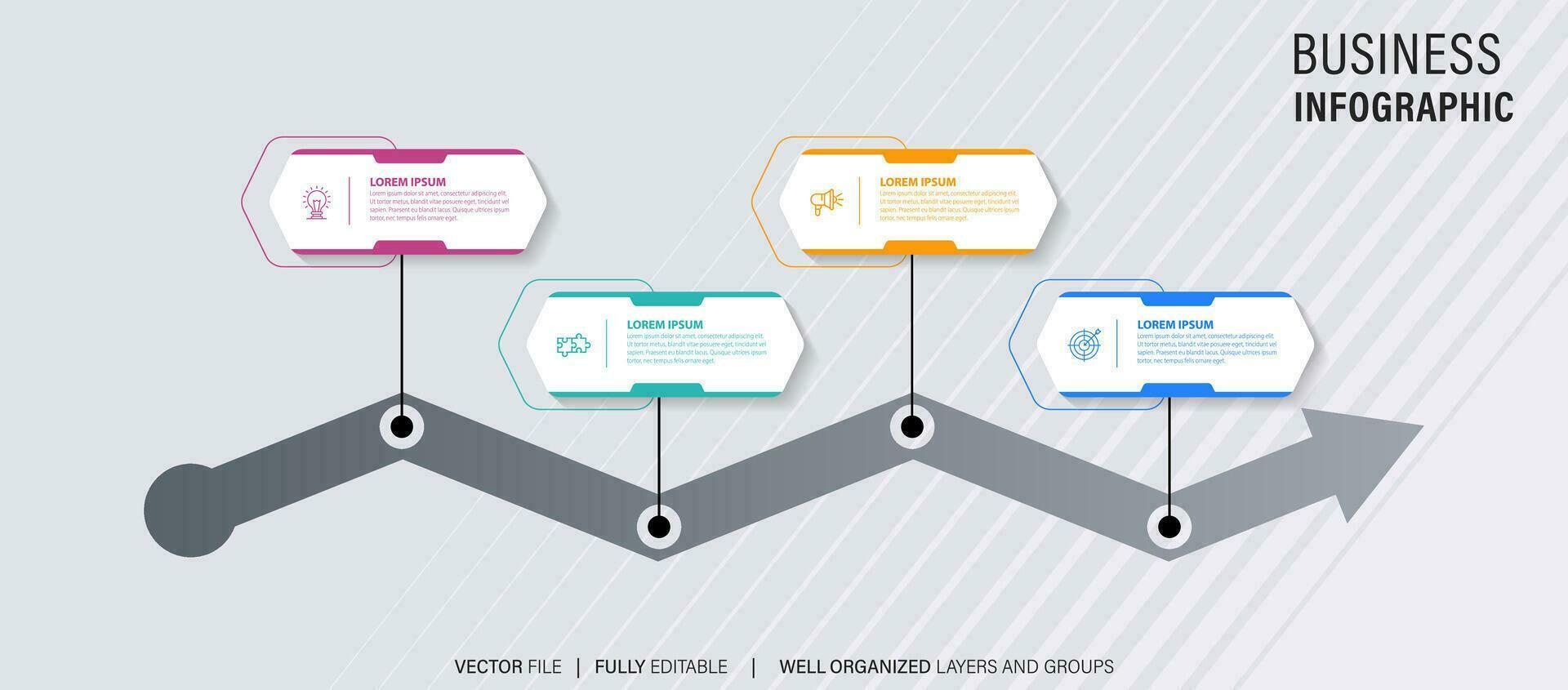 Linha do tempo infográfico com infográfico. moderno apresentação modelo com 4 spets para o negócio processo. local na rede Internet modelo em branco fundo para conceito moderno Projeto. horizontal layout. vetor